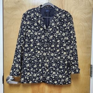 Vintage 80s  Anne Klein Size 10 Women's Silk Blazer Navy Floral Classic Dynasty